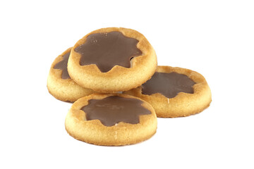 Round cookies with a star-shaped chocolate topping are beautifully arranged, ready to be enjoyed.