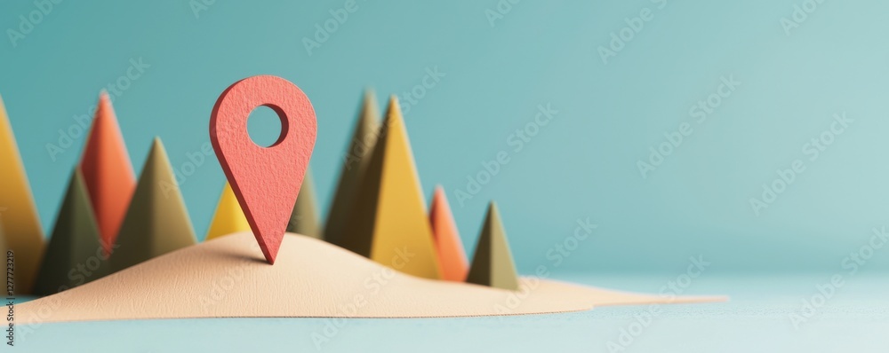 Poster colorful 3d map pin on geometric landscape with trees and soft background