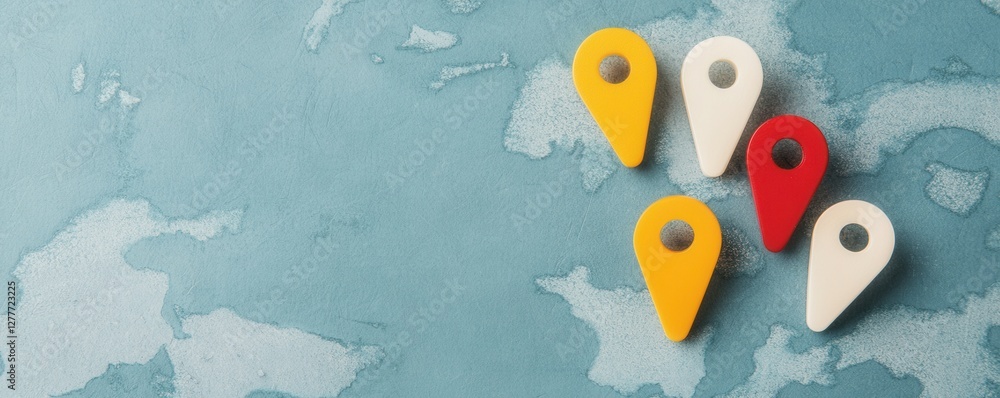 Poster colorful location markers on a blue map background for travel and navigation themes