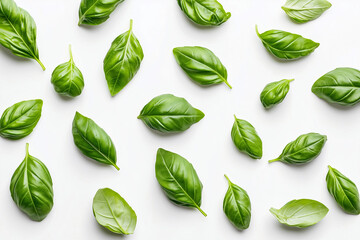 Obraz premium Loose basil leaves, scattered naturally on a crisp white background