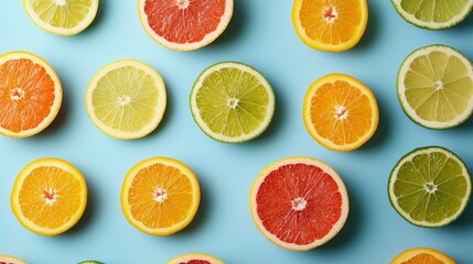 Vibrant Citrus Fruit Pattern Oranges, Grapefruits, Lemons, and Limes on Blue Background