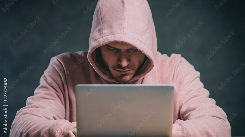 Poster mysterious hacker working on laptop cybersecurity digital crime dark web