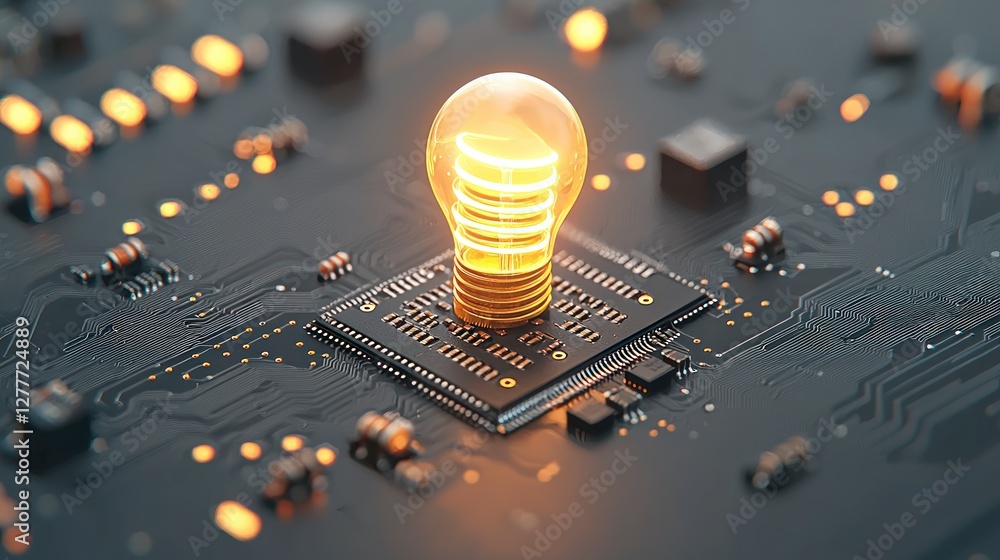 Poster glowing lightbulb on microchip circuit board innovation technology idea
