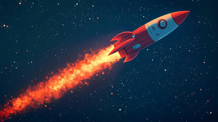 Fototapeta premium Cartoon Rocket Flying in Space with Bright Flame Trail and Stars