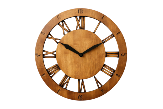 Rustic Decorative Wall Mounted Clock with Wooden Frame: Isolated on Transparent Background