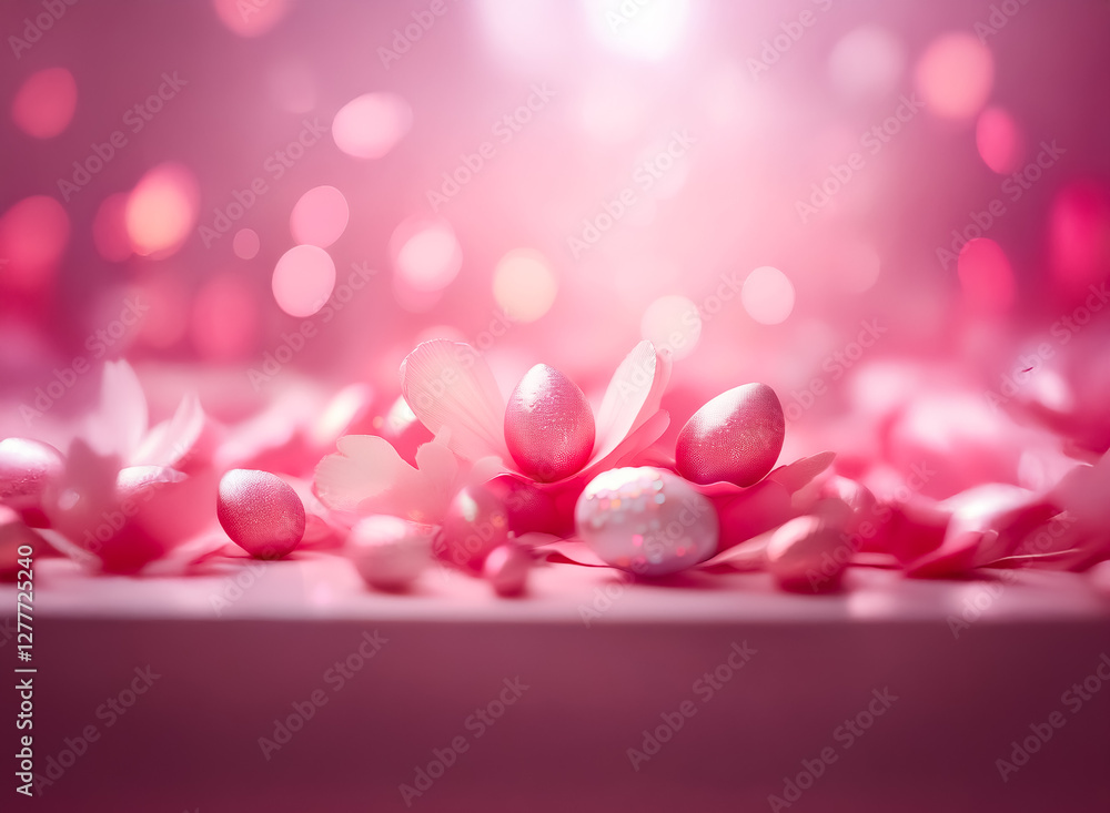 Aufkleber soft pink eggs and petals scattered on a surface, creating a delicate and romantic scene with bokeh 