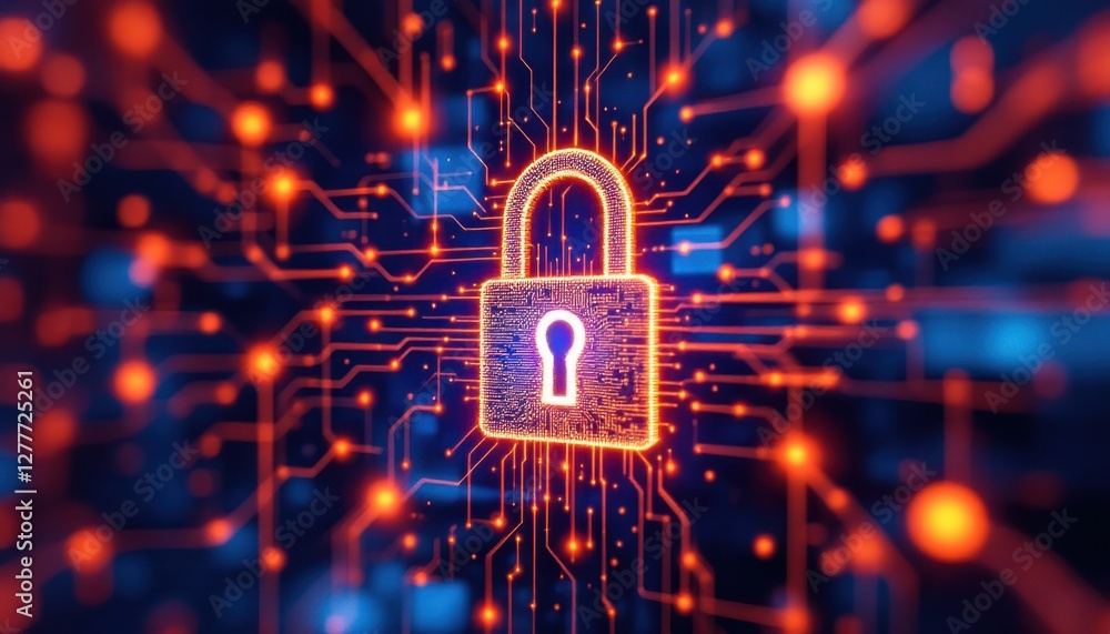 Poster glowing lock symbol on circuit board background representing cybersecurity and digital protection