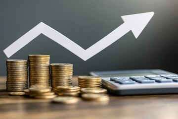 Investment growth, coins stacked, upward trend, calculator in background