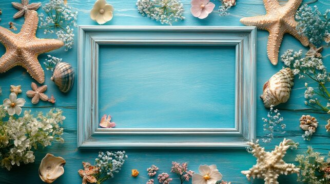 Light Blue Frame Surrounded by Seashells, Starfish, and Flowers on a Wooden Background