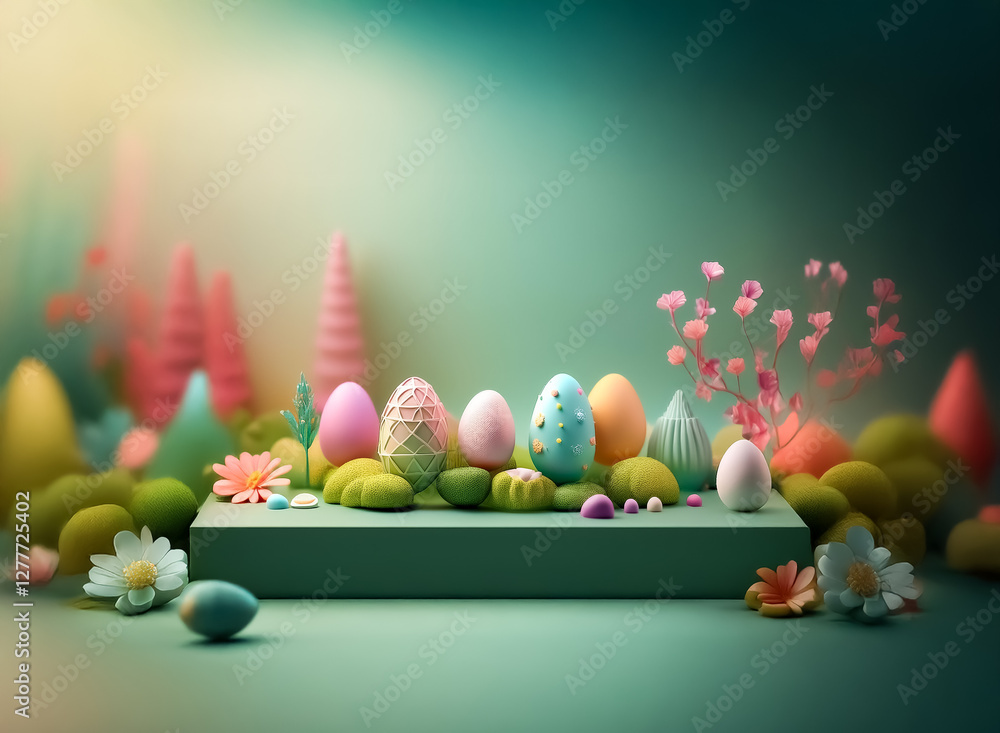 Poster pastel easter eggs arranged on a platform with flowers and soft foliage create a serene spring scene