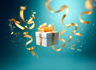 A white gift box tied with a gold ribbon floats against a blue backdrop, surrounded by swirling gold ribbons and confetti, creating a celebratory mood.