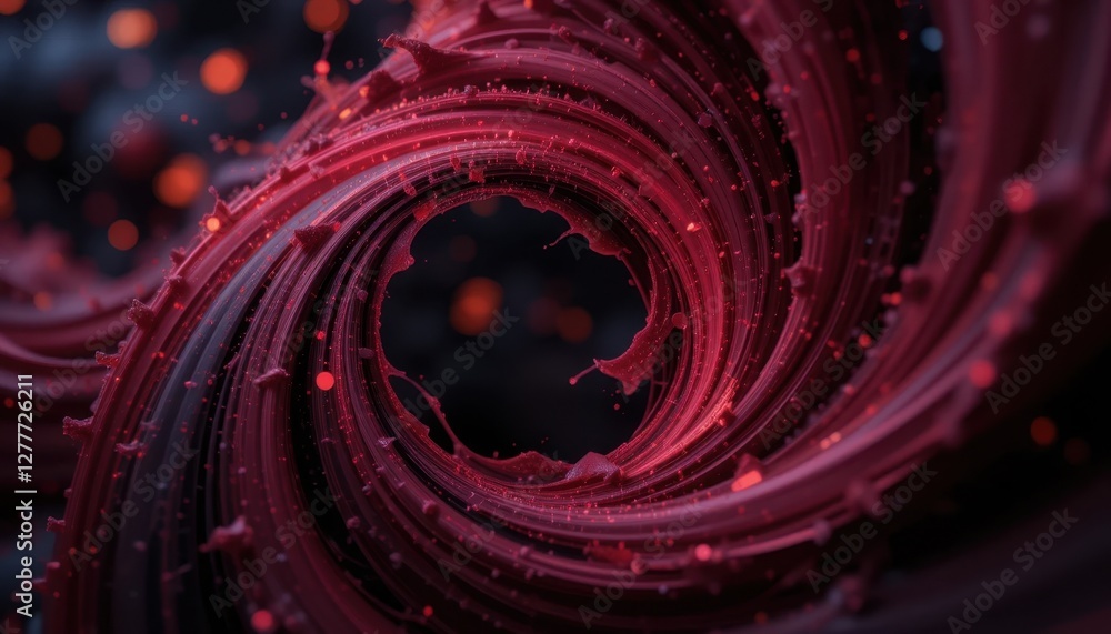 Poster abstract red swirling vortex with dynamic textures and particles