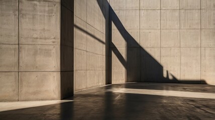 Obraz premium Minimalist concrete wall with sunlight casting a diagonal shadow across the floor.