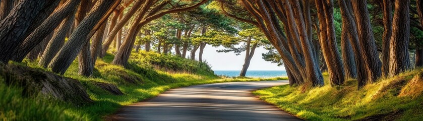 Obraz premium Country road with pine trees arching overhead, forming a natural tunnel