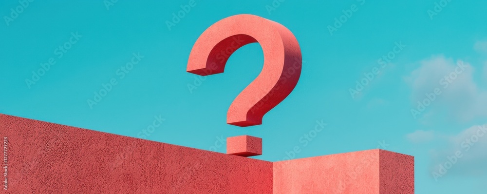 Poster bold red question mark sculpture on a colorful background symbolizing curiosity and inquiry in moder