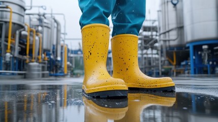 Yellow rubber boots standing in a puddle at an industrial site, reflecting in the water.