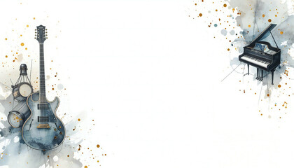 artistic watercolor splashes of music instrument border frame