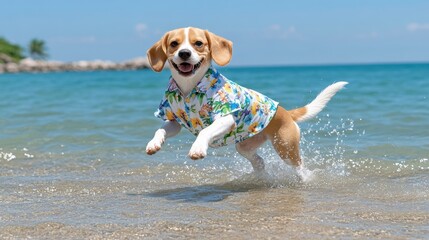 A beagle wearing a floral shirt joyfully runs through the shallow ocean water, splashing playfully on a sunny beach.