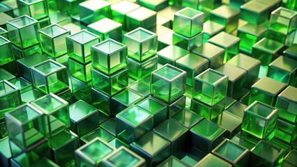 Abstract Emerald Green Cubes Stacked in Irregular Formation, Representing Modern Technology and Innovation