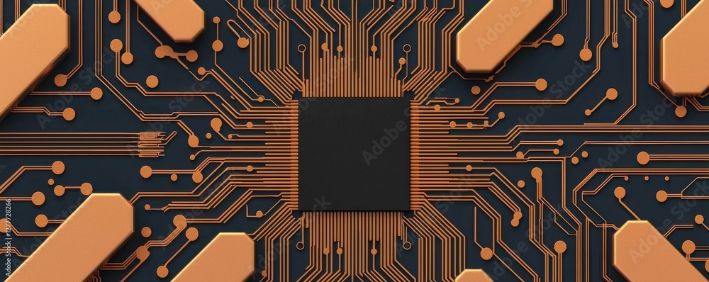Poster abstract circuit board design with intricate details and shining copper connections on dark backgrou