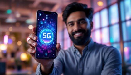 Young adult male showcasing 5g technology on smartphone in modern office setting