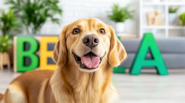 Happy golden retriever smiles at camera, name Bella in background.