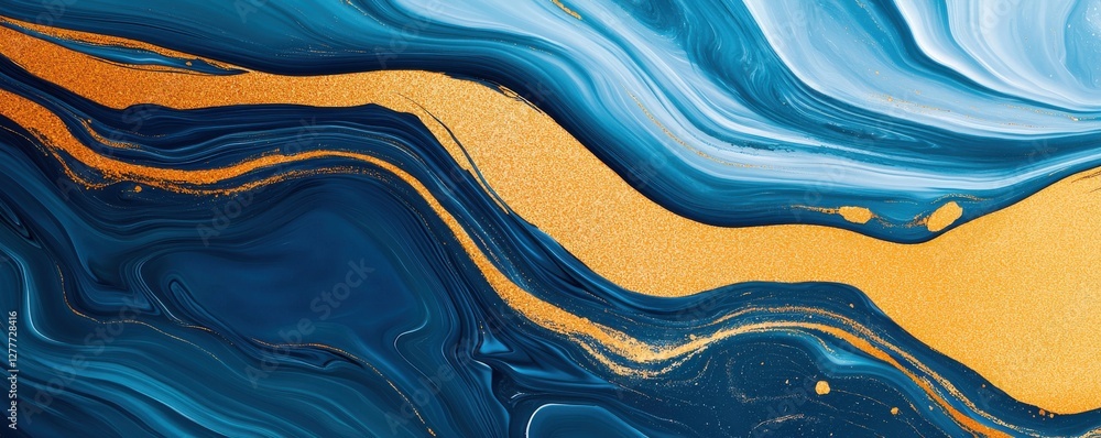 Poster abstract blue and gold swirls creating a rich and dynamic visual texture for artistic backgrounds