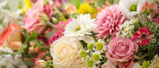 Obraz premium Exquisite vibrant bouquet of fresh mixed flowers with lush greenery and soft pastel accents evoking timeless natural elegance