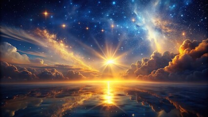Fototapeta premium Celestial Sunrise A Serene Reflection of Golden Light and Starry Night Over Calm Waters