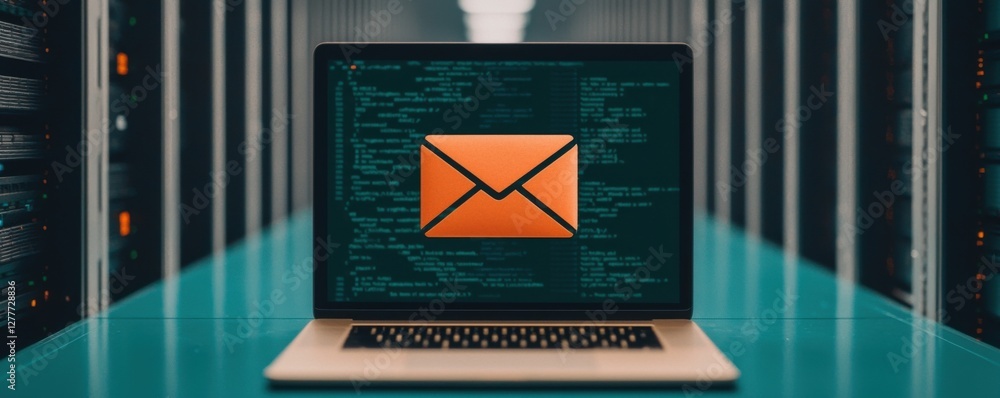 Poster laptop with email icon displayed on screen inside a modern data center hallway, unifying tech and co