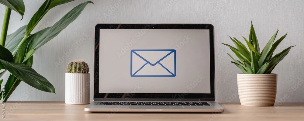 Poster Laptop with Email Icon Displayed on Screen Surrounded by Green Plants in a Modern Workspace Setting