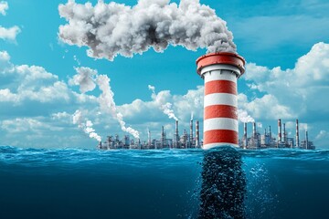Obraz premium High carbon emission concept. A large industrial smokestack emits smoke above water, surrounded by an oil refinery, highlighting environmental concerns.