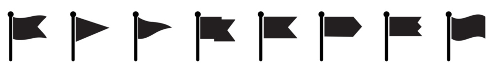 Black flags symbol collection on white background. Triangle alert flag shape design. Flag shape alert flat style. Black flags warning symbol icon. Waving tag shape black color symbol. Vector © GraphicSpark