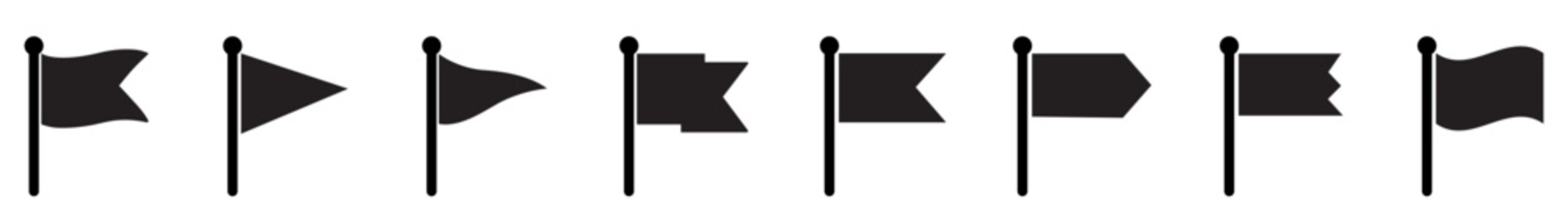 Black flags symbol collection on white background. Triangle alert flag shape design. Flag shape alert flat style. Black flags warning symbol icon. Waving tag shape black color symbol. Vector