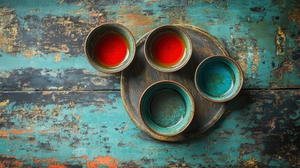Four Small Cups of Red Tea on Rustic Wooden Table