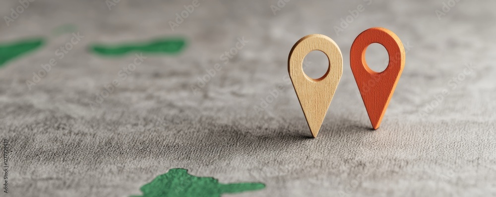 Aufkleber wooden location markers on textured surface representing navigation and journey concepts in travel