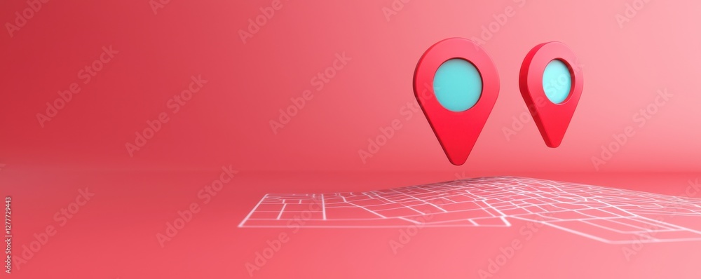 Poster colorful location markers overlaid on a minimalistic map design with a soft pink background