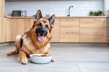 Fototapeta na wymiar German Shepherd dog lies on kitchen floor, white bowl full of dry food, looking at camera.