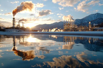 Fototapeta premium High carbon emission concept. Industrial landscape at sunset, featuring smokestacks, reflections in water, and mountain backdrop with dramatic clouds.