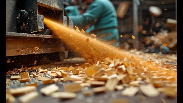 Woodworking in Action Craftsman Shaping Timber with Sawdust Flying