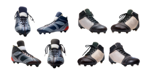 Various designs of soccer shoes and cleats in a flat lay arrangement