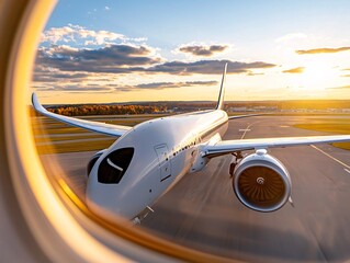 Fototapeta premium Aircraft seen from a window during takeoff, with a sunset backdrop illuminating the scene and runway ahead.
