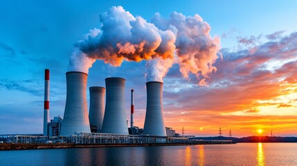 High carbon emission concept. Industrial cooling towers silhouetted against a colorful sunset, emitting steam into the sky over a calm body of water.