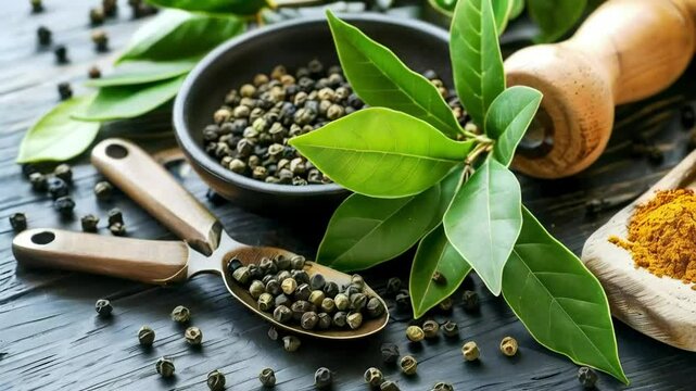 Peppercorns, bay leaves, spice grinder, dark wood