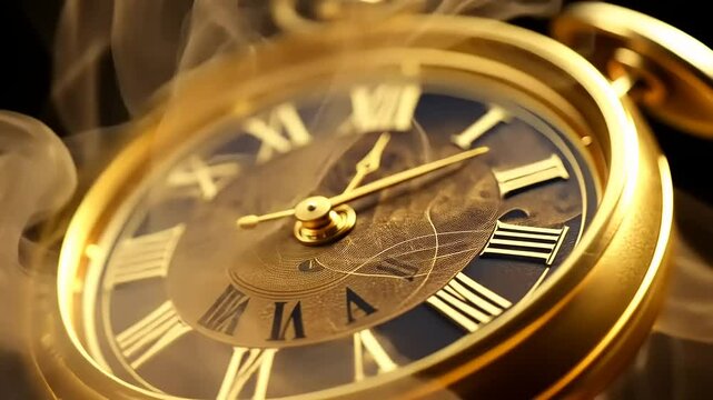Golden clock face obscured by swirling smoke, suggesting the passage of time.