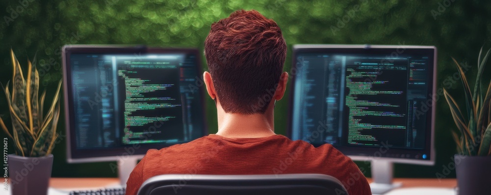 Poster young programmer working on software development with dual monitors surrounded by indoor plants