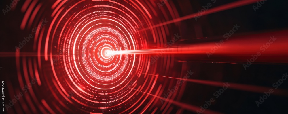 Poster abstract red laser light with circular patterns and glowing particles on dark background for futuris