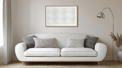Modern minimalist living room with framed abstract art above a white sofa.