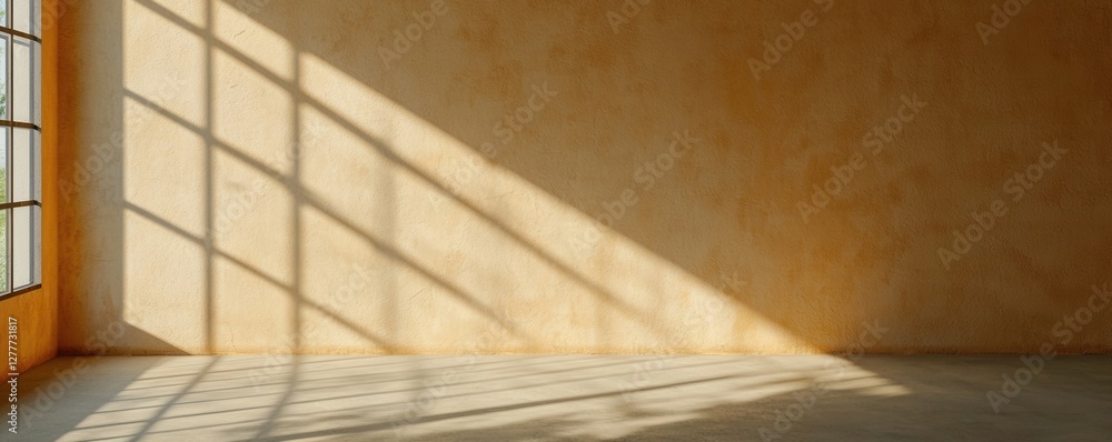 Poster Sunlight Casting Shadow Patterns on a Minimalist Empty Room with Warm Yellow Walls and Large Window