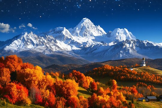 Beautiful autumn landscape with mountains and colorful forest. Digital painting.